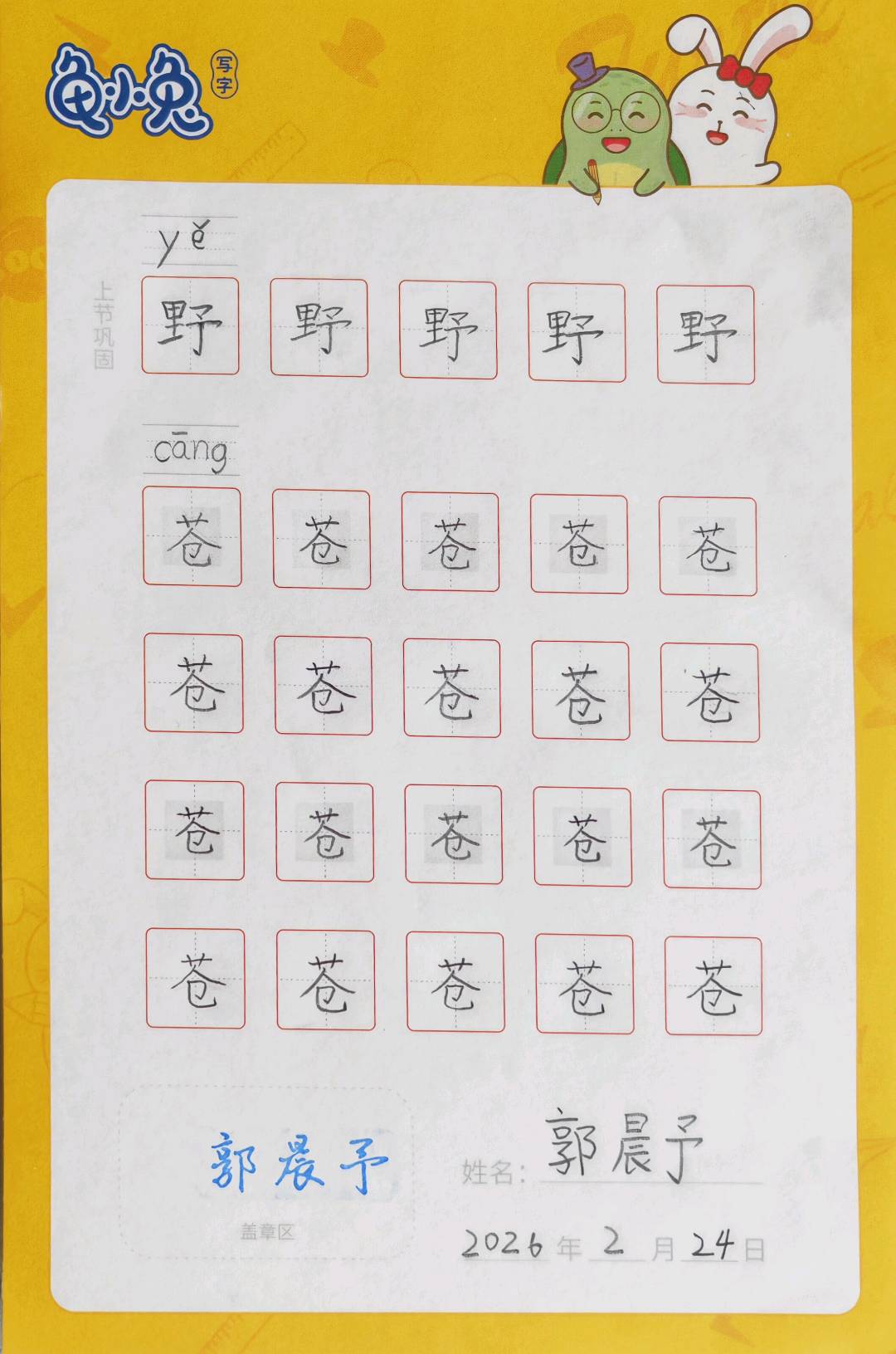 龟小兔写字优秀作品展示：阳阳/二年级/练字1天